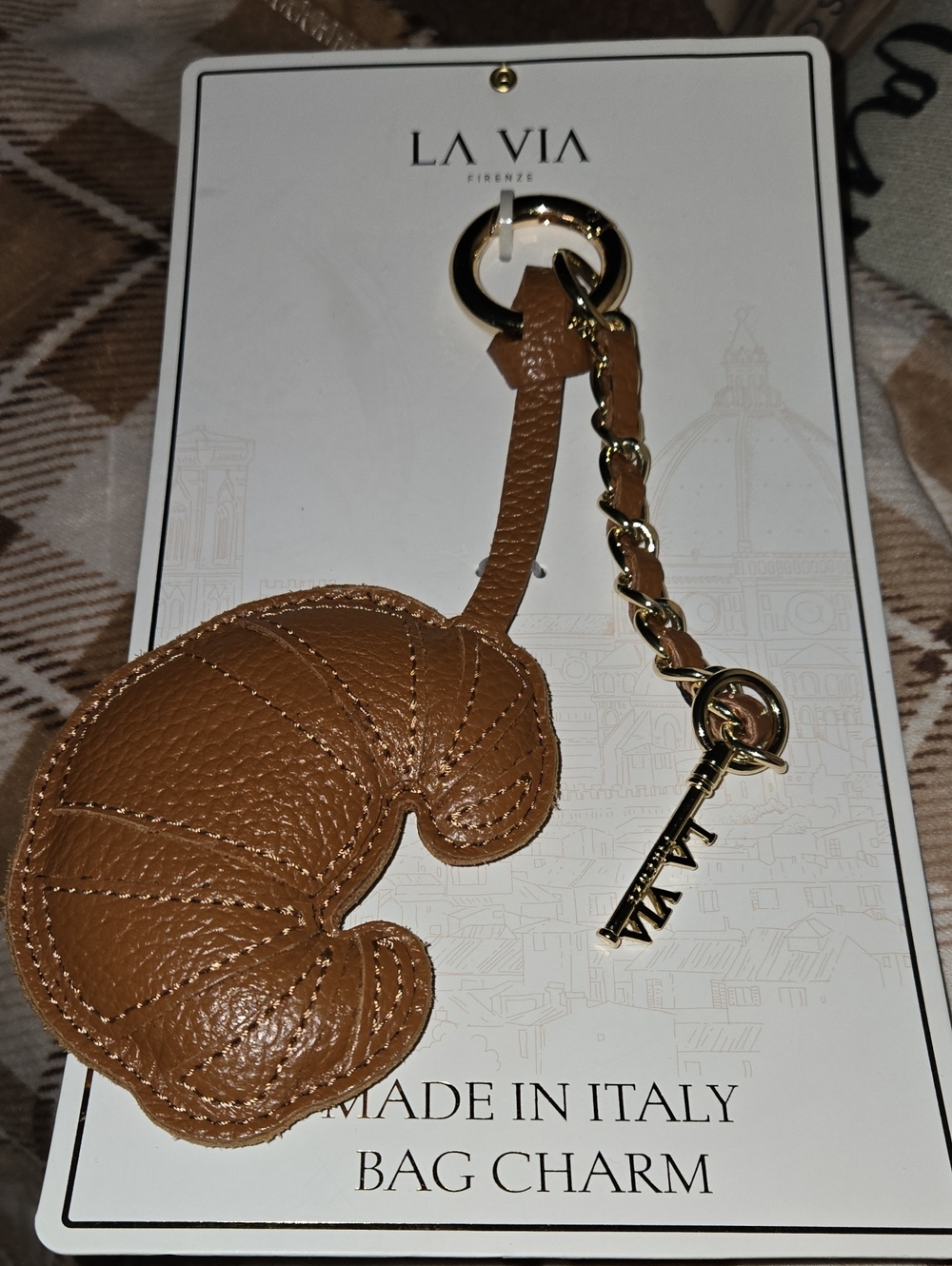 LA VIA Firenze Tan Leather Croissant Key & Card Holder Charm